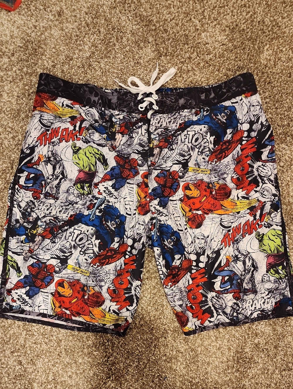 Marvel Comic-Print Swim Board Shorts - Red, Blue, Green, Yellow, Black